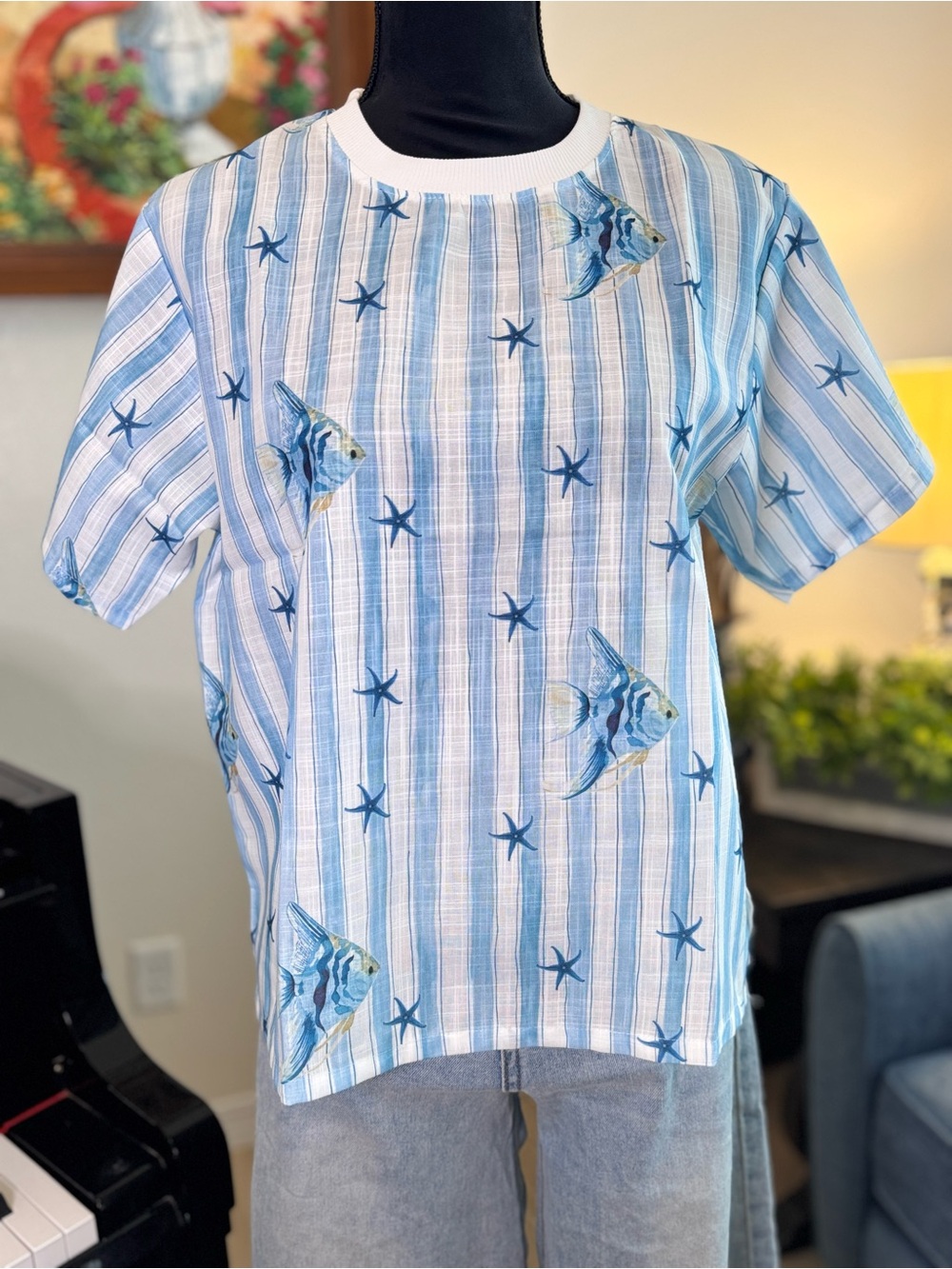 Blue & White Striped Top with Ocean Print